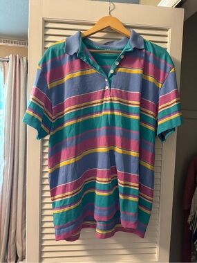 Men's Striped Polo Shirt in Teal, Purple & Pink